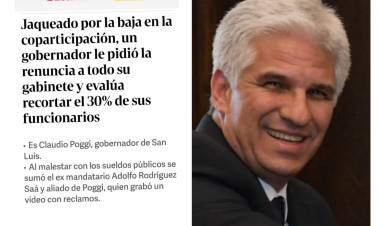 Clarín dice que Poggi está jaqueado por la baja de Coparticipación y la presión de Adolfo de que suba los sueldos. Afirman que tiene que sacar él 30 por ciento de funcionarios.