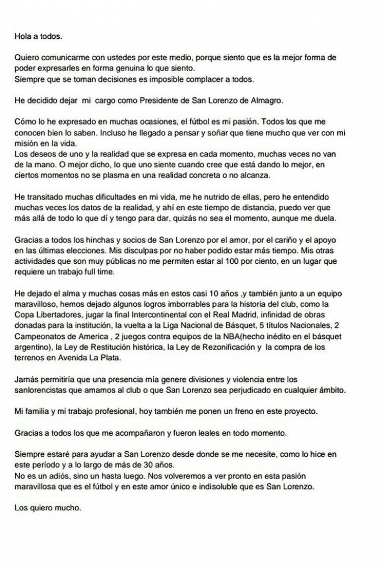 La carta de Tinelli a los hinchas de San Lorenzo