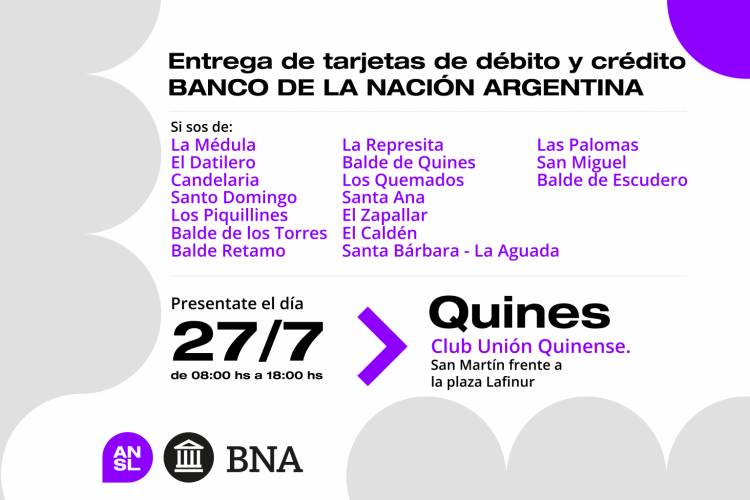 QUINES: entregan las tarjetas de débito y crédito del BNA