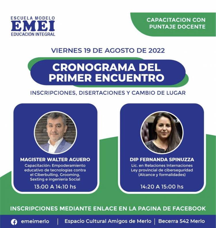 Disertación en Merlo sobre ciberseguridad, sexting y grooming . EMEI y un tema para tratar . Para agendar .