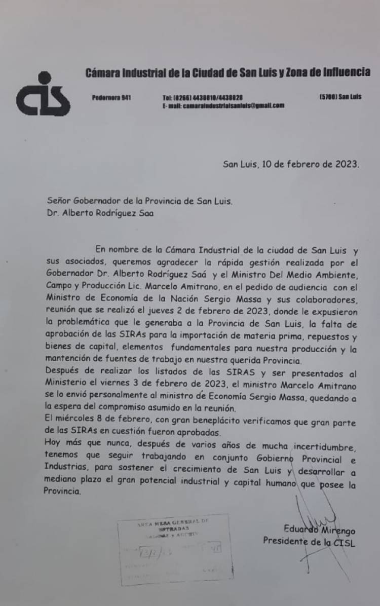 LA CÁMARA INDUSTRIAL AGRADECE ...