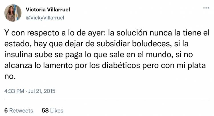 La Vice de MILEI contra los diabéticos.Tweet horrible contra una enfermedad que mata Argentinos y destruye la Salud que el Estado protege.Asqueante.Es una boludez subsidiarlos.Condena a muerte a insulto dependientes. La inhumanidad al palo