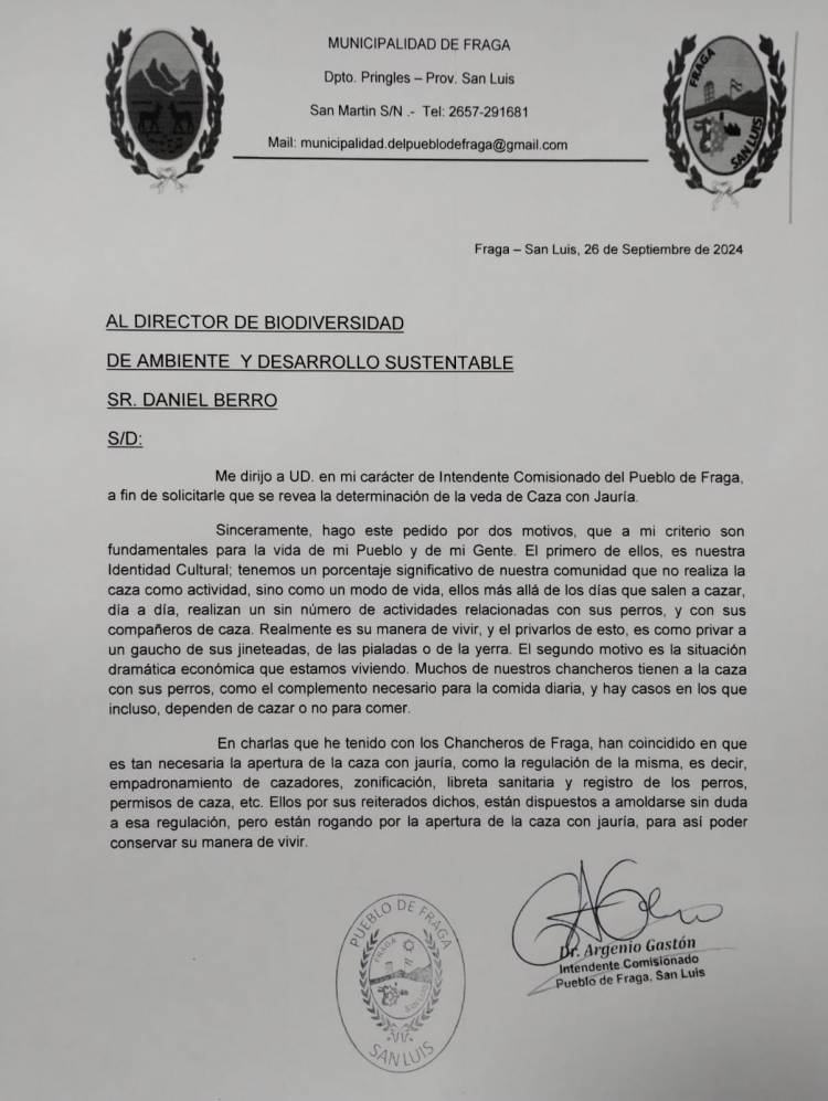 El Intendente de Fraga defendió la caza con perros.Lo hacen para comer. Pidió su apertura.Es un modo cultural y medio de vida.El Jabalí no tiene depredador y es plaga 