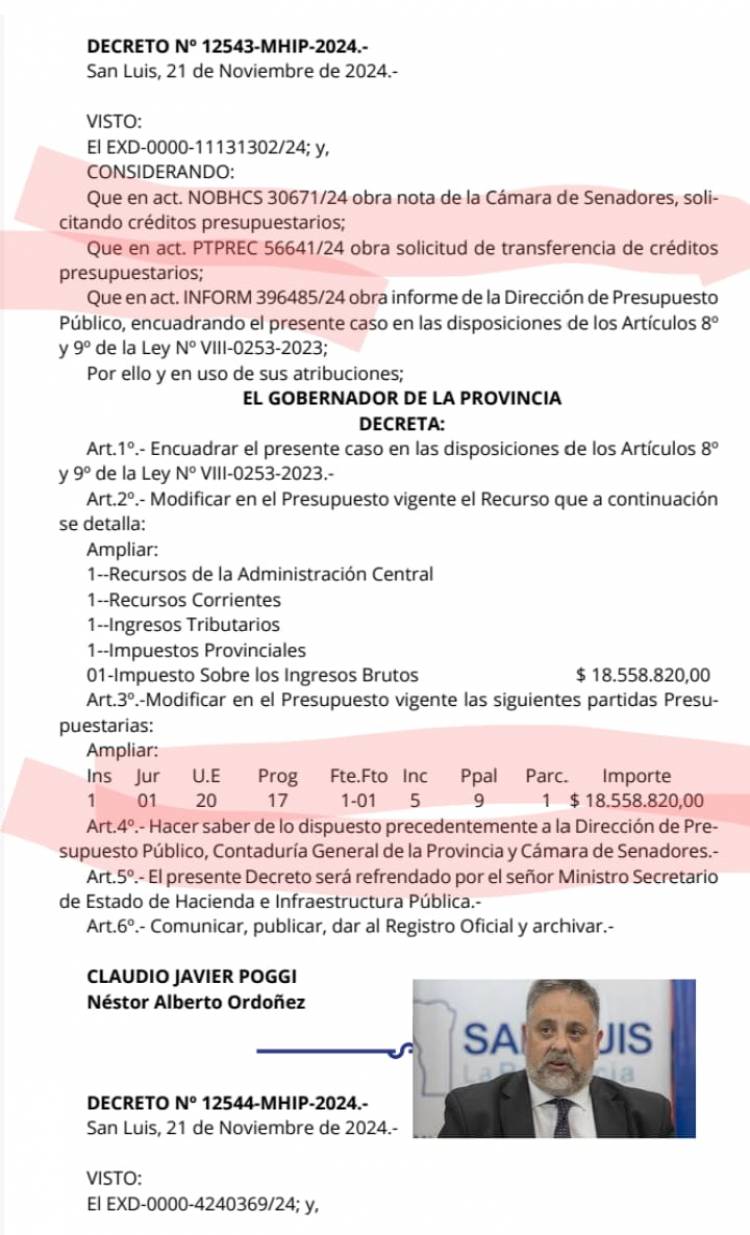 El Senado con cuentas en rojo. Poggi tuvo que ampliar partidas a su Vice, que rompe el discurso de que no se puede ampliar a otros Poderes .