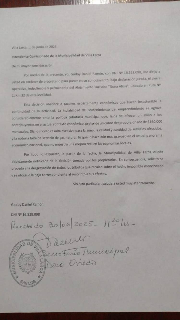 Villa Larca: por tasas Municipales inviables, cierra un complejo turístico .No ayuda Milei , ni la baja del Turismo .